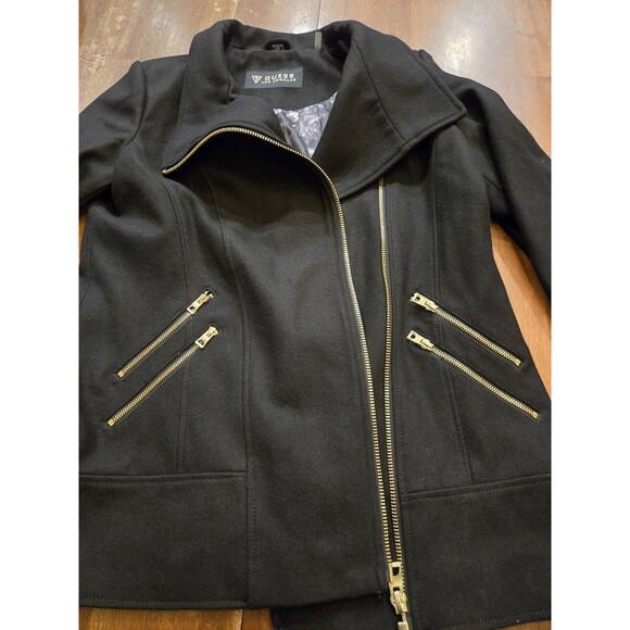 NWT Guess L Black Wool Gold Zip Coat Nordstrom long Chic Classic Asymmetrical - Picture 5 of 16